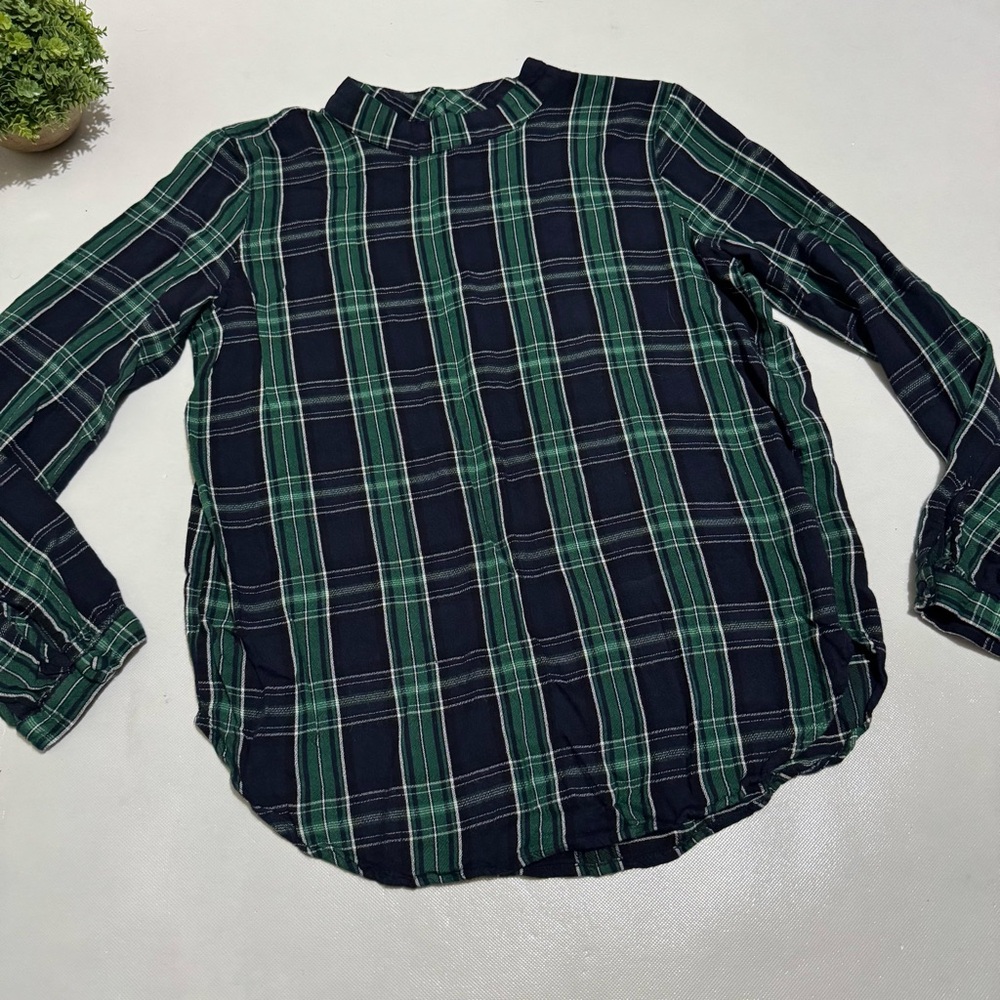 Loft Blue Green Plaid Tartan Christmas Holiday Festive Mock Neck Blouse Small